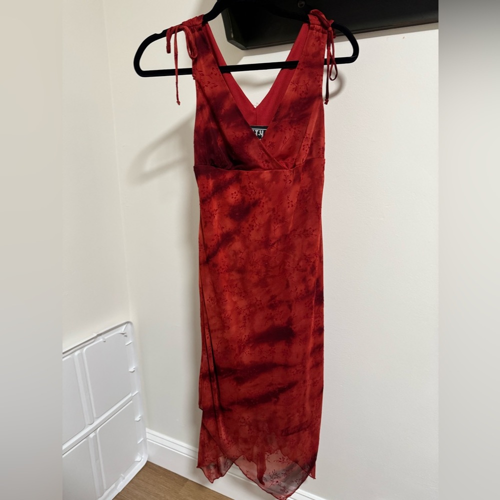 Red Tie Dye Y2K Midi Slip Dress